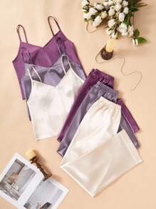 SHEIN 2件套女士纯色仿丝吊带背心和宽松裤休闲套装 - 彩色 - 查看 4