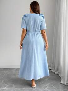 Elenzga Plus Size Textured Bow V-Neck Short Sleeve Dress - Blue - View 2