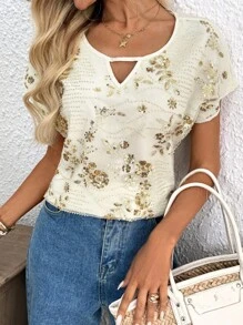 SHEIN LUNE Women's White Floral Sequin Embroidery Patchwork V-Neck Loose Fit Blouse,Elegant Summer Wedding Guest Tops,Fairycore Short Sleeve Shirt,Rave - Apricot - View 7