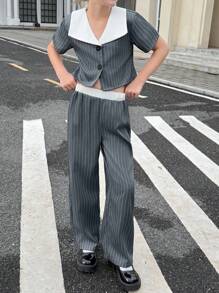SHEIN 2 pièces Ensemble : Top rayé et pantalon de mode française. Veste courte avec fermeture à boutons avant, pantalon large taille haute, convient pour le port quotidien et les vacances, printemps/automne