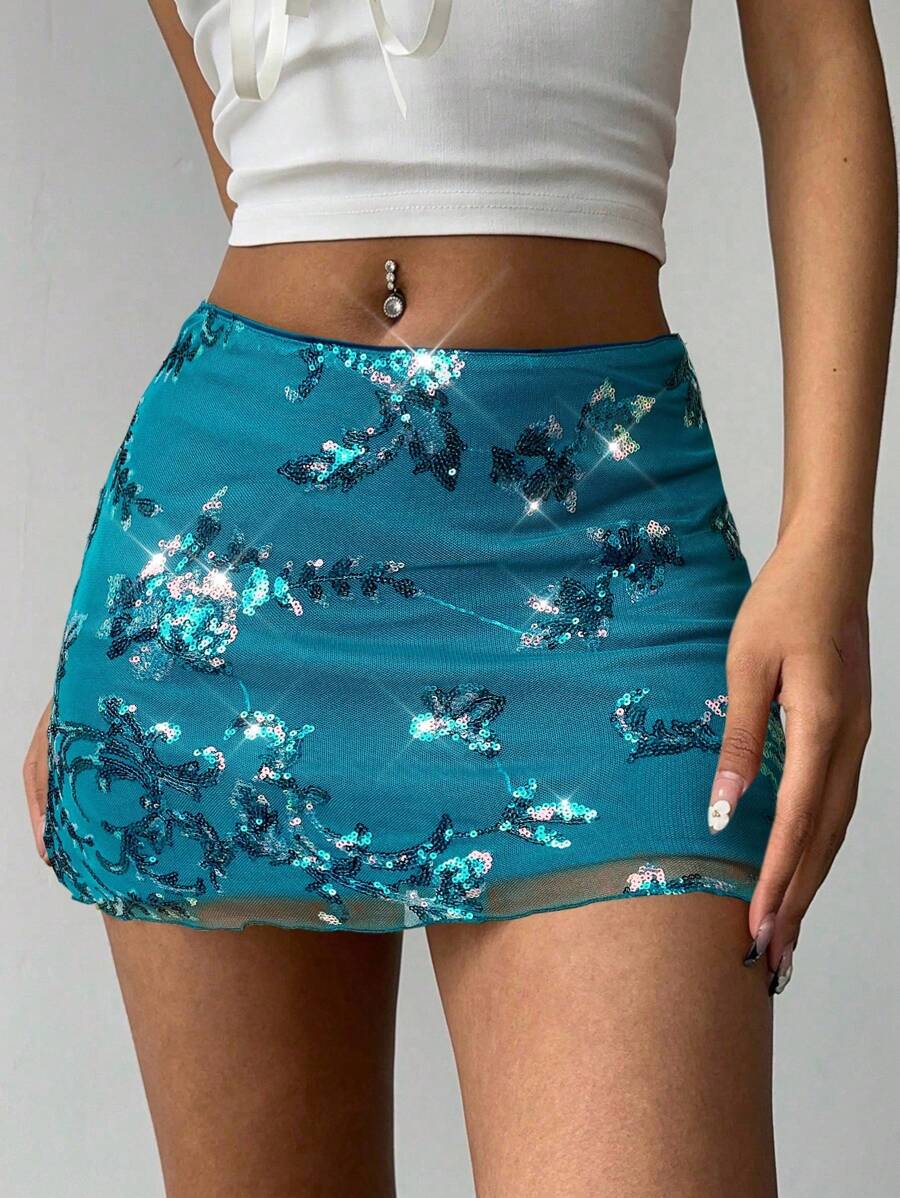 Aloruh Fashionable Beaded Embroidery Sexy Women Mini Skirt - Teal Blue - View 1