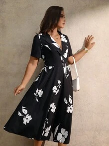Juhart 大码女式花卉印花 Polo 领短袖系带优雅夏季连衣裙，休闲日常穿着 - 彩色 - 查看 7