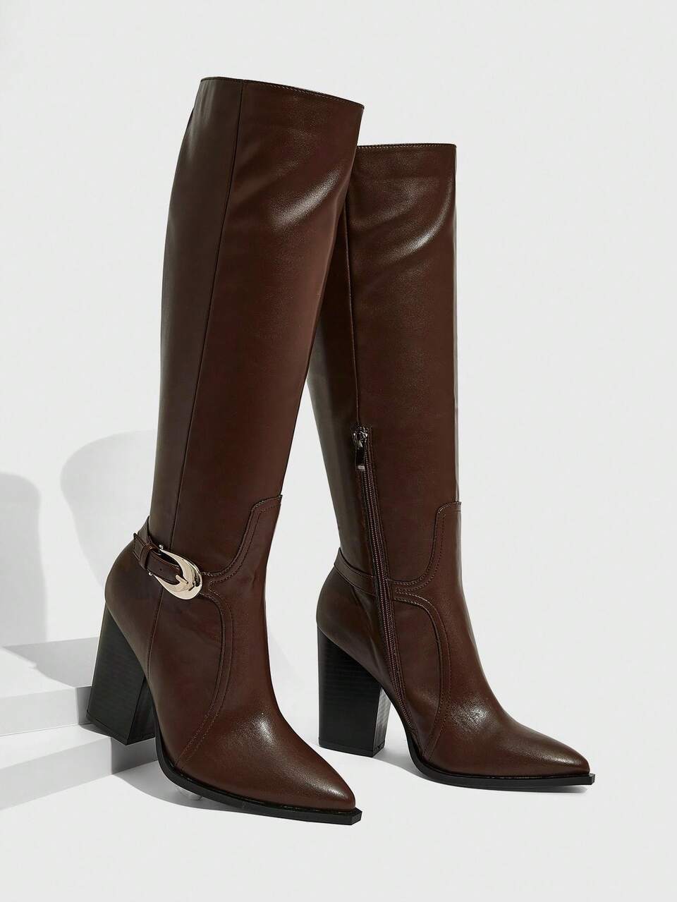 CUCCOO SZL Women's Fashion Autumn/Winter New Knee-High Boots, Chunky Heel, Retro Snake Texture, Pleated, Slim Fit, Equestrian Boots