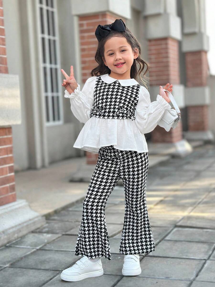 SHEIN Kleine Mädchen Lässig Minimal Komfortabel Farbblock Hemd & Hosen Set 2-in-1 - Schwarz und Weiss - Übersicht 1