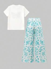 SHEIN Explorewe Butterfly Print Round Neck Loose T-Shirt And Pleated Loose Pants Set, Comfortable Casual Vacation Outfit For Teen Girls, Summer - Multicolor - View 2