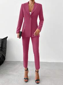EURMUSE Women Solid Color Blazer Suit Set - Rusty Rose - View 4