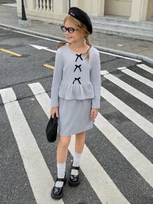 SHEIN Tween Girl Bow Decor Long Sleeve Ruffle Hem T-Shirt And Skirt Set - Grey - View 6