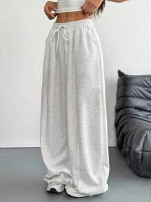 INAWLY 女式休闲纯色弧形下摆运动裤 - 淺灰色 - 查看 3