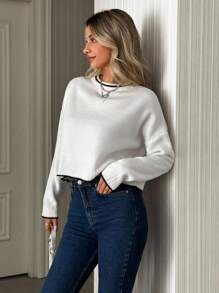 EURMUSE Soft Fine-Knit Long-Sleeve Pullover With Ribbed Hem And Collar, Contrast Stripe Detailing,Jumper,Cream Jumper,Jumpers For Women,Jumpers,Black Jumper,Womens Jumper,White Jumper,Women's Jumper,Women's Jumpers,Winter Clothes - White - View 4