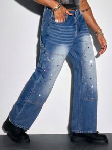 ROMWE MEN Street Life Men's Rhinestone Decorated Pocket Casual Fashion Wide-Leg Jeans - Blue - View 5