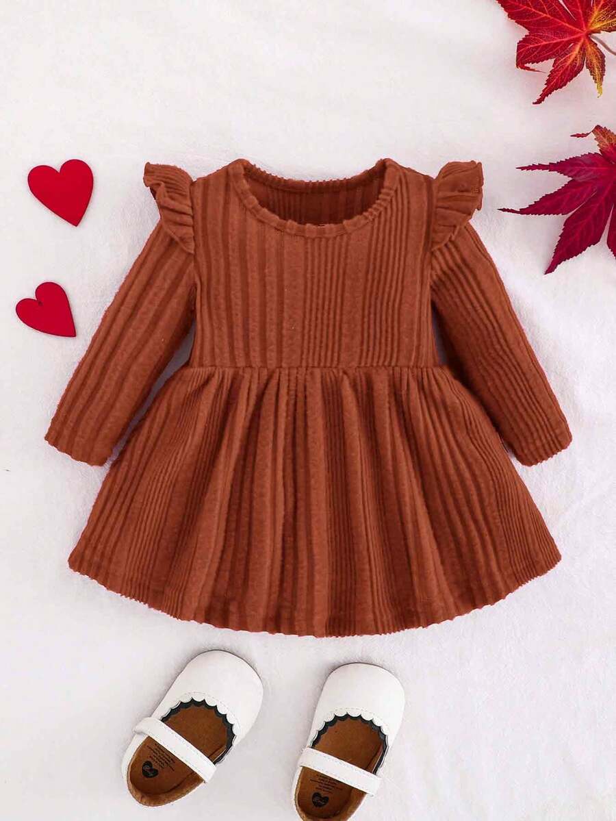 SHEIN Đầm thun dài tay màu trơn đơn giản cho bé gái sơ sinh - màu nâu - Xem 1