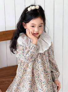 SHEIN Little Byeori Young Girls' Elegant Floral Lace Collar Puff Sleeve Dress Girls With Little Girl Long Autumn Fall Winter - Multicolor - View 7