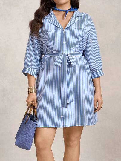 Zelara 大码休闲通勤条纹前扣衬衫裙 海军风服装 女士教师服装 秋季女装 商务休闲女装 女士办公室服装 女士优雅连衣裙 复古风格女士 优雅派对连衣裙 女士派对连衣裙 日常通勤和户外必备连衣裙 女士蓝色条纹连衣裙 女士蓝色条纹连衣裙