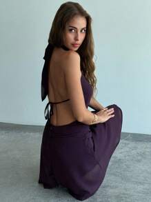 Aloruh Đầm mini cổ yếm thắt eo đính vải dệt kim thanh lịch dành cho nữ, mùa hè, đi chơi - Màu tím - Xem 5