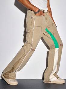 ROMWE MEN Street Life Men's Casual Patchwork Contrast Color Flared Jeans - Khaki - View 3