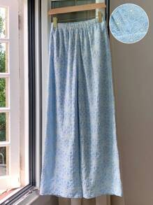 Comfortcana 大码女式花卉刺绣松紧腰宽松阔腿裤，度假风 - 藍色 - 查看 2