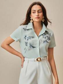 Anewsta Women Elegant Floral Embroidered Short Sleeve Shirt, Versatile For Vacation, Work, Spring/Summer, Festival, Graduation - Mint Green - View 4
