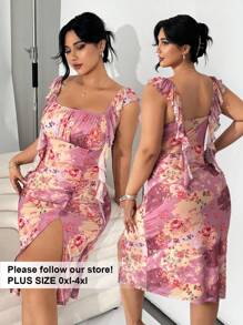 SHEIN EZwear 加大码 Ditsy 花卉粉色连衣裙，侧开衩，方领，荷叶边下摆 - 彩色 - 查看 1