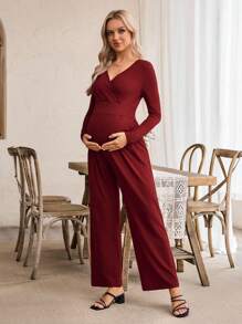 SHEIN Jumpsuit Hamil Elegan Warna Polos dengan Ikat Pinggang dan Saku Samping, Lengan Panjang, Cocok untuk Bepergian dan Kencan - Burgundy - View 3