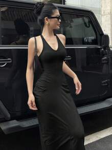 Strévra Women V-Neck Form-Fitting Long Maxi Wrap Dress - Black - View 3