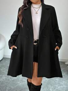Elenzga Plus Size Casual Solid Color Double-Breasted Coat, Autumn/Winter Fall Cloth For Women