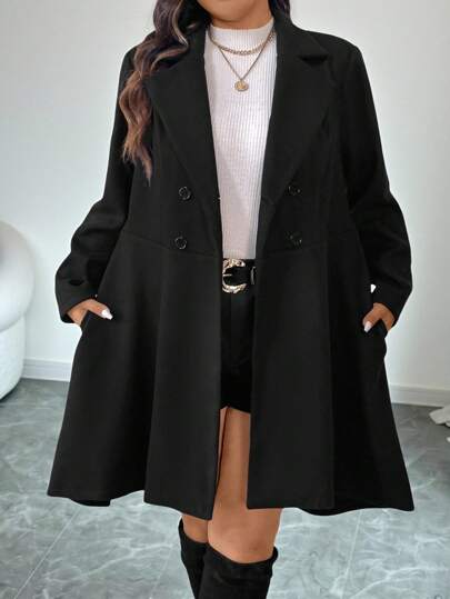 Elenzga Plus Size Casual Solid Color Double-Breasted Coat, Autumn/Winter Fall Cloth For Women