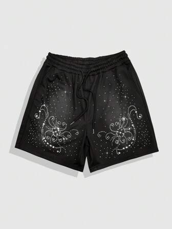 Street Life Pantalones cortos de hombre de verano, de uso casual, de estilo urbano, con decoración de pedrería y cordón en la cintura