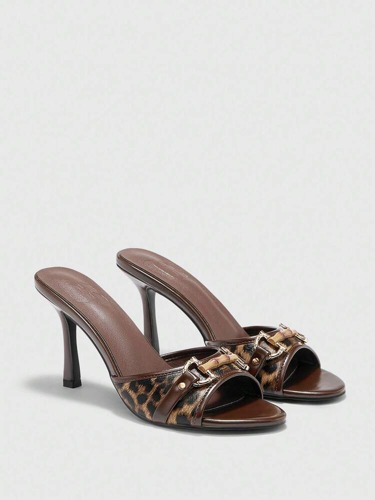 CUCCOO BIZCHIC Women Leopard Print PU Patchwork Gold Buckle Fashion Retro Round Toe Mules Slip-On High Heel Sandals For Summer For Christmas Spring Shoes Summer Shoes