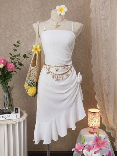 SHEIN Swim 女士纯色荷叶边下摆吊带背心度假连衣裙