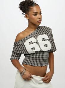 SUMWON WOMEN Off Shoulder Shirred Waist Crop Top With Sports Number Applique 66 Casual Street Style Retro Design Oversized Chic Statement Fashion Fall Winter - Black - View 4