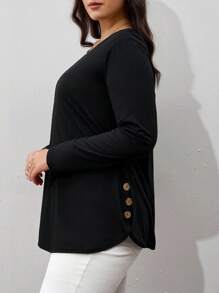 SHEIN Clasi Plus Size Solid Color Button Detail Curved Hem T-Shirt Fall - Black - View 1