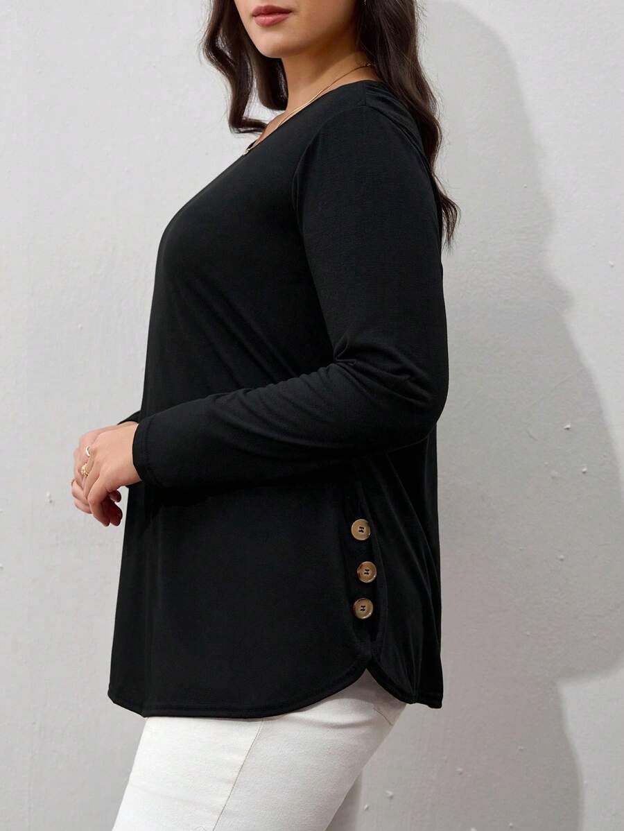 SHEIN Clasi Plus Size Solid Color Button Detail Curved Hem T-Shirt Fall - Black - View 1
