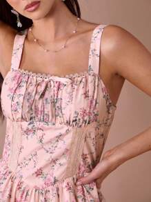 Enchnt 夏/秋浪漫女士淡粉色花卉印花褶皱胸围蝴蝶结系带可爱公主迷你连衣裙 - 彩色 - 查看 2