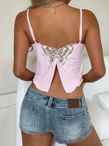 CovetEZ Women's Baby Pink Summer Elegant Y2k Night Out Butterfly Embroidery Backless Camisole Top,Ring Drawstring Asymmetrical Split Hem Perspective - Pink - View 6