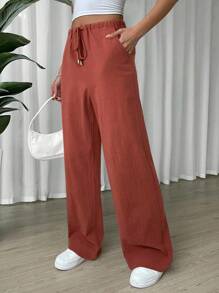 SHEIN EZwear 女士休闲玫红色亚麻抽绳腰斜口袋阔腿裤 - 玫瑰紅 - 查看 3