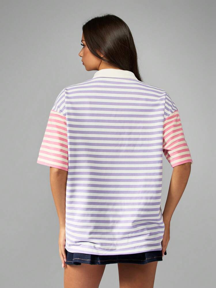 Missguided x Playboy Varsity Poloshirt gestreifter Kragen Kurzarm Top im Retro-Stil mit Nummer 53 Patch, Oversized Passform, Sommer Lässig Preppy Design