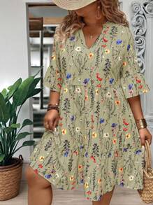 EMERY ROSE Plus Size Women's Summer Branch Floral Print V-Neck Ruffle Hem Loose Fit Dress - Army Green - View 4