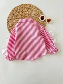 SHEIN Babygirl 可爱百搭粉白条纹蝴蝶结长袖衬衫