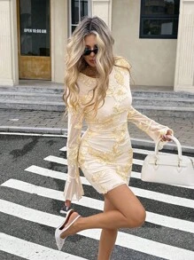 Serisse 女士优雅刺绣荷叶边袖迷你连衣裙 - 杏色 - 查看 7