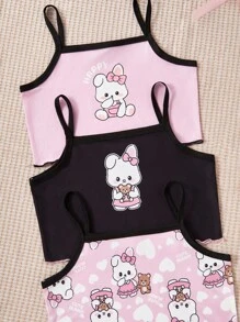 3件套女童夏季休闲舒适卡通猫咪爱心印花蝴蝶结装饰背心+短裤家居服，适合青少年女孩，另有兔子睡衣套装