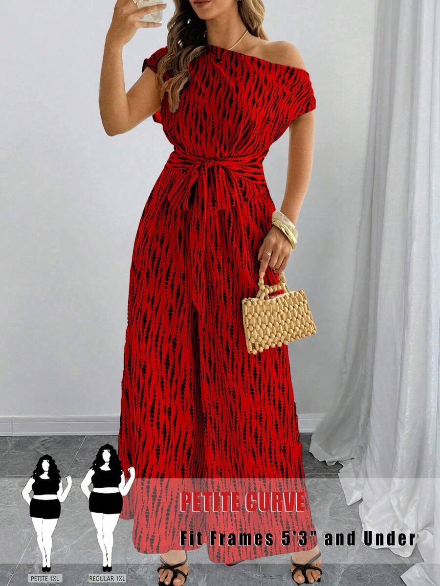 SHEIN PETITE Bộ đồ liền thân tay cánh dơi cổ bất đối xứng thanh lịch cỡ lớn cho nữ, mùa hè - Đỏ - Xem 1
