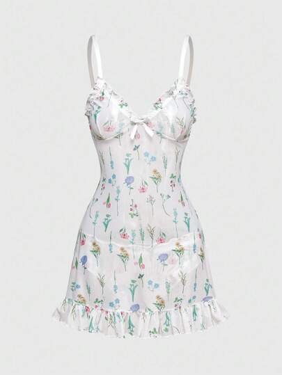 Sweetness Summer Floral Ruffle Hem Sexy Nightgown Sets For Women