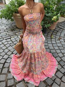 Sunnyshic 2 件花卉印花抹胸上衣，交叉肩带和不对称下摆，高腰层叠荷叶边半身裙，波西米亚海滩优雅派对休闲装，适合女士，春夏 - 粉色 - 查看 5