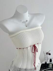 SHEIN Unity Women Holiday Casual Lace-Up Hollow-Out Knitted Halter Top Fall Winter - White - View 4