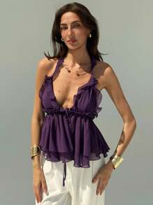 Aloruh Camiseta de escote halter y espalda descubierta de unicolor sexy para mujer, de verano - Morado - Ver 6