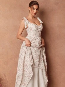 Savoree Textured Hollow Embroidered Ditsy Floral Bow Tie Pleated Bust Cup Waist Flared Hem Spaghetti Strap A-Line Dress, Wedding Guest Dress, Fairy Dress, Off-The-Shoulder