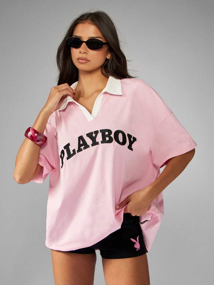 Missguided x Playboy Pink Jersey Polo Neck Sports Varsity Collegiate Letter Print Oversized Rugby Style T-Shirt Top Summer Spring Weekend Streetwear Festival Top