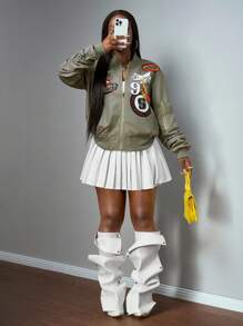 Slaydiva Chaqueta cortavientos de mujer con estampado de letras en verde militar, estilo deportivo universitario, versátil para el uso diario, casual, adecuado para festivales de música y graduación, nueva llegada del otoño/invierno 2025 - Verde militar - Ver 1