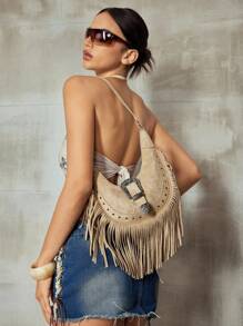 SHEIN ICON Ladies, Women Shoulder Bag, Hobo Bag, Fashionable, Personalized, Simple, Versatile, Street, Sweet And Cool Girls, Hot Girls, Y2k, Retro, Rivets, Vintage, Tassels, Cow Print, Western Style, Bohemian Style, Music Festival, Teenagers - Khaki - View 7