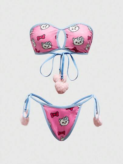 Kawaii Cute Kitty Bow Fuzzy Print Sexy Women Lingerie Set